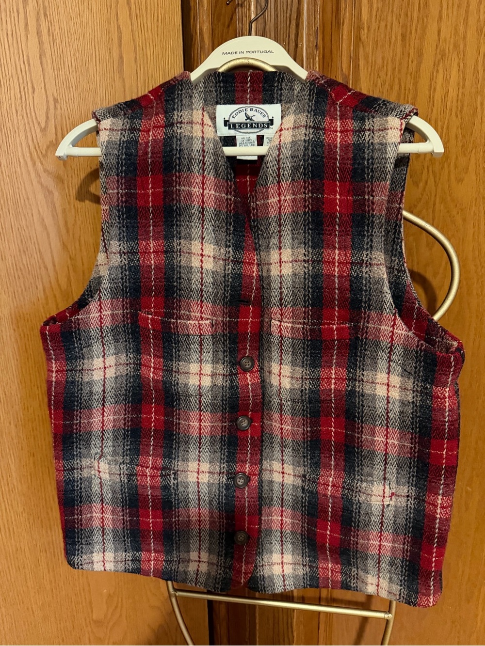Vintage Eddie Bauer Red Navy Cream Plaid Button-Front wool Vest